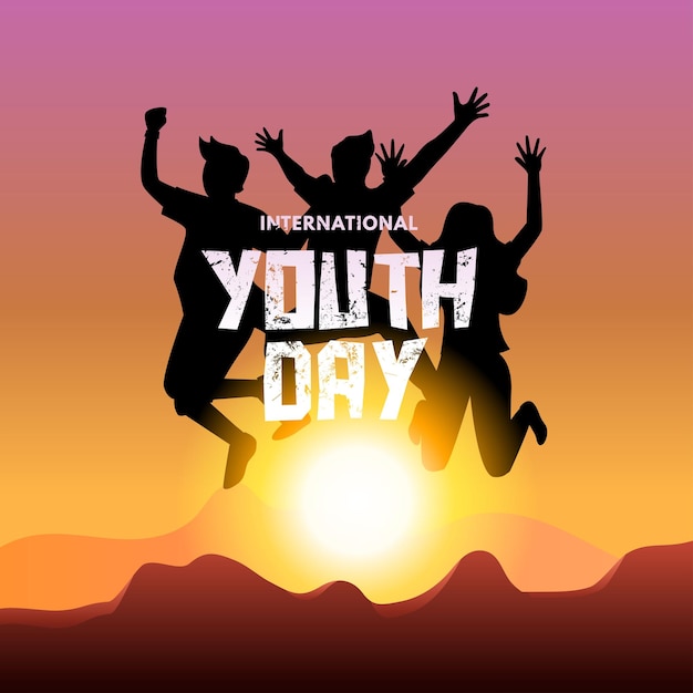 Vetor ilustração vetorial do dia internacional da juventude com silhueta de pessoas pulando