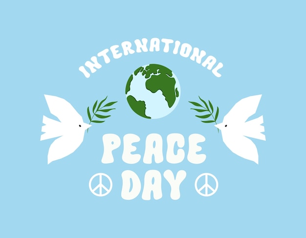 Vetor ilustração vetorial do dia internacional da paz com símbolo planeta terra, texto, pombos e galhos