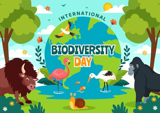 Vetor ilustração vetorial do dia mundial da biodiversidade com diversidade biológica e vários animais na natureza