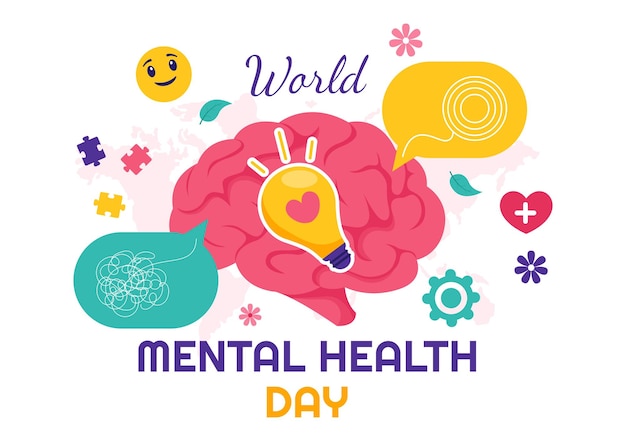 Ilustração vetorial do Dia Mundial da Saúde Mental em 10 de outubro com Conscientização sobre Saúde Mental, um símbolo com o cérebro e flores em um fundo plano