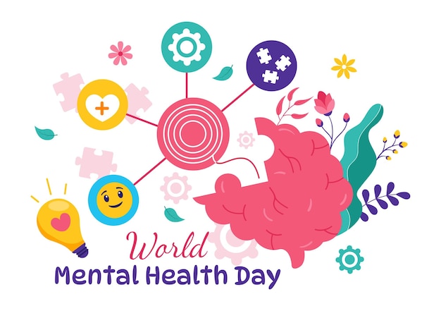 Ilustração vetorial do Dia Mundial da Saúde Mental em 10 de outubro com Conscientização sobre Saúde Mental, um símbolo com o cérebro e flores em um fundo plano