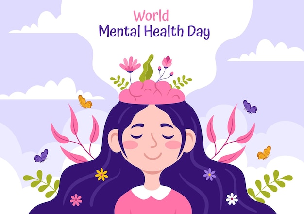 Ilustração vetorial do Dia Mundial da Saúde Mental em 10 de outubro com problema saudável e coração no cérebro