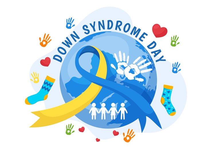 Vetor ilustração vetorial do dia mundial da síndrome de down em 21 de março com fita azul e amarela e crianças