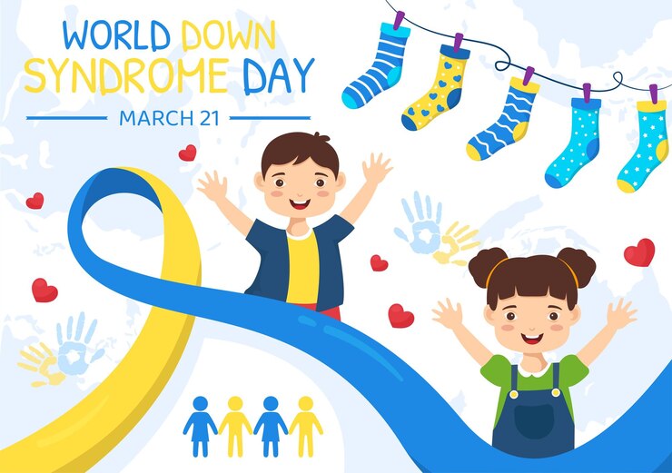 Vetor ilustração vetorial do dia mundial da síndrome de down em 21 de março com fita azul e amarela e crianças