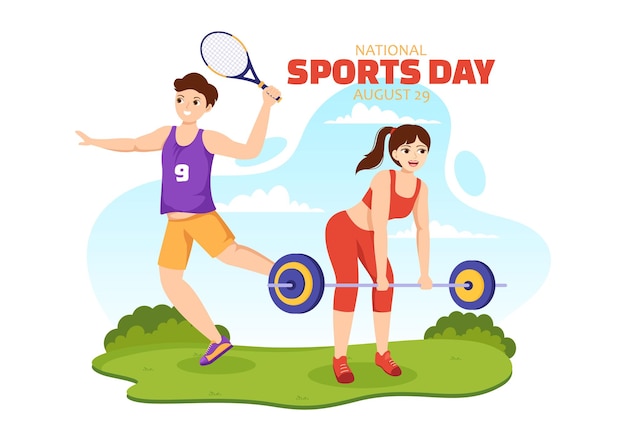Ilustração vetorial do Dia Nacional do Esporte com esportista de diferentes esportes em desenho animado plano