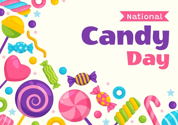 Ilustração vetorial do Dia Nacional dos Doces com diferentes tipos de doces e guloseimas em desenhos animados planos