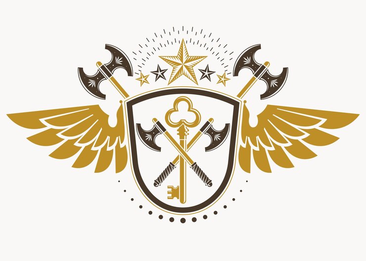 Vetor ilustração vetorial do emblema heráldico de estilo antigo decorado com asas de águia e feito com machados e estrelas pentagonais