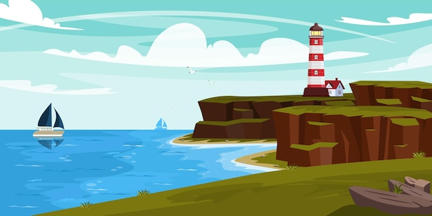 Vetor ilustração vetorial do farol costeiro cartoon paisagem marítima com farol na encosta penhascos íngremes navios nas gaivotas do mar