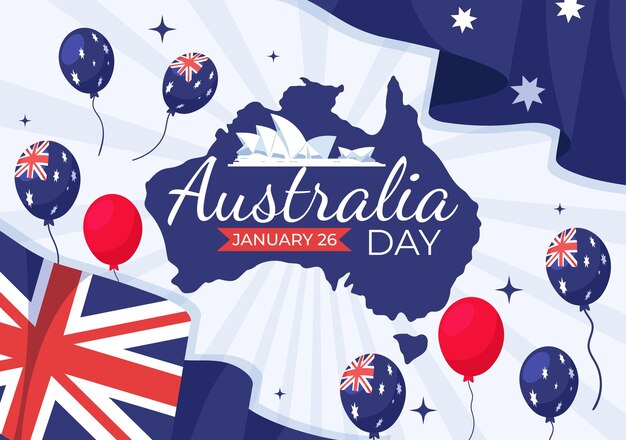 Ilustração vetorial do Feliz Dia da Austrália em 26 de janeiro com mapa e bandeira australiana para cartaz