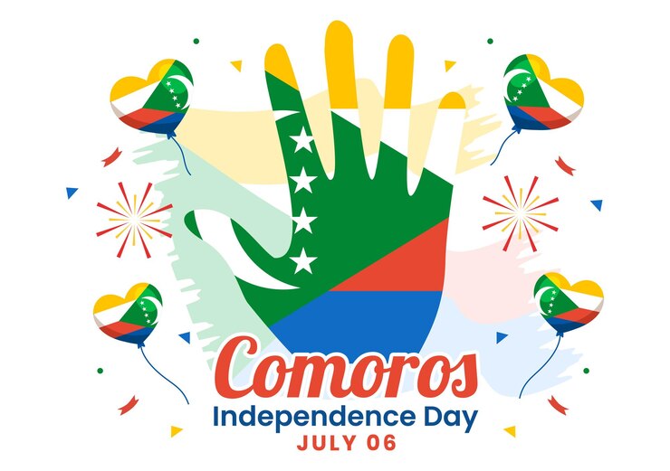 Vetor ilustração vetorial do feliz dia da independência das comores em 6 de julho com a bandeira comoriana agitando