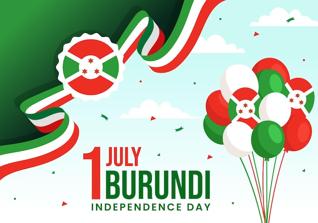 Vetor ilustração vetorial do feliz dia da independência de burundi em 1o de julho com bandeira e fita agitando