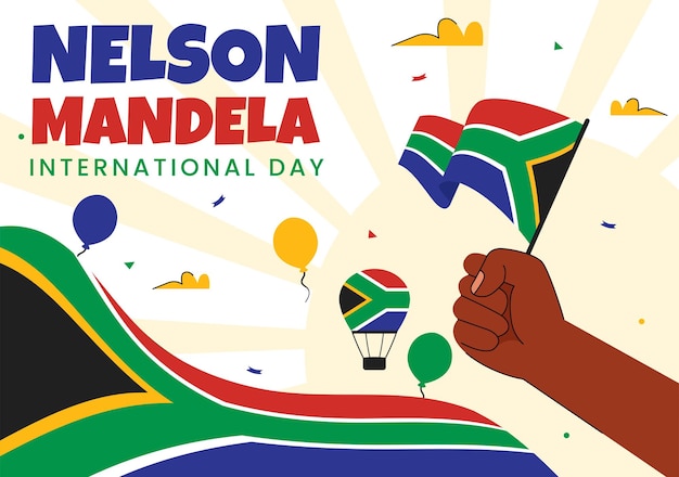 Ilustração vetorial do Feliz Dia Internacional de Nelson Mandela em 18 de julho com a bandeira e a fita da África do Sul em um fundo de desenho animado de estilo plano