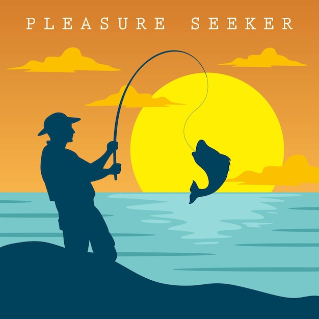 Ilustração vetorial do homem pescando no mar ao pôr do sol no estilo da silhueta