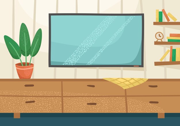 Ilustração vetorial do interior de uma sala de estar com uma tv, um baú e uma planta em vaso