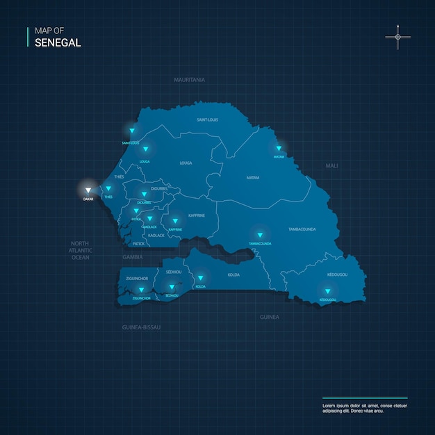 Ilustração vetorial do mapa do senegal com pontos de luz de néon azul