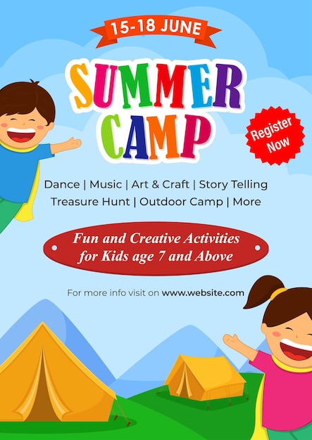 Vetor ilustração vetorial do modelo de panfleto do acampamento de verão para crianças