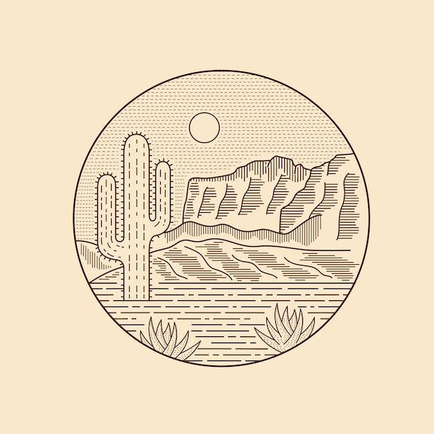 Ilustração vetorial do parque nacional do deserto do arizona em arte de estilo de linha mono para crachás, emblemas, patches, camisetas, etc.