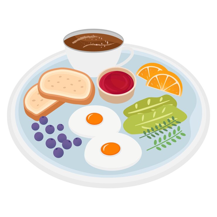 Vetor ilustração vetorial do pequeno-almoço havia salada verde laranjas ovos mirtilos pão e geleia