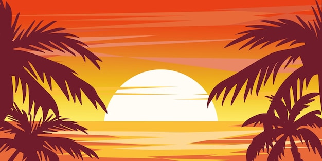 Ilustração vetorial do pôr do sol à beira-mar Trópicos palmeiras oceano mar ondas calma céu vermelho sol laranja bananeiras Conceito de futurismo Ilustração vetorial para negócios e publicidade