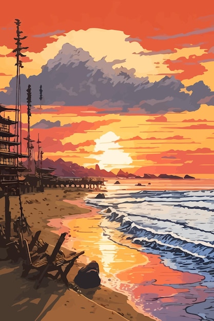 Vetor ilustração vetorial do pôr do sol na praia