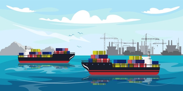 Ilustração vetorial do porto marítimo Cartoon paisagem marítima com navios de carga com diferentes contêineres grandes guindastes gaivotas