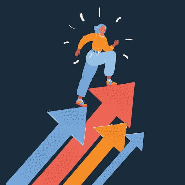 Ilustração vetorial do sucesso mulher de negócios de pé em flecha gráfico tendências de negócios Caracter sobre fundo escuro
