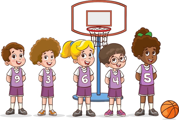 Ilustração vetorial do time de basquete infantil fofo