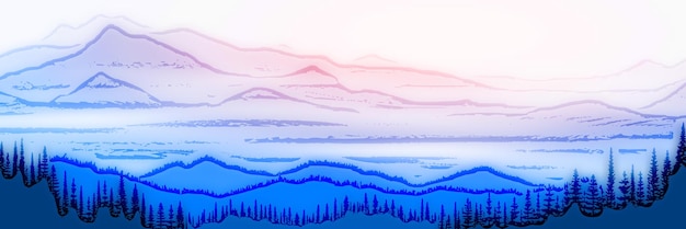 Ilustração vetorial do vale das montanhas na luz da manhã de neblina panorâmica