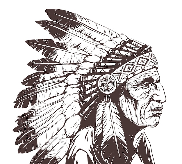 Ilustração vetorial do velho chefe índio nativo americano no capô de guerra de penas isolado no branco