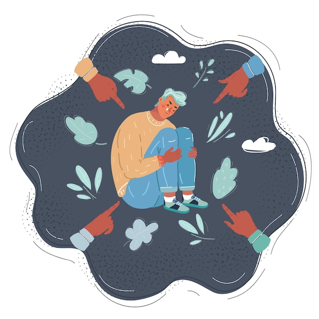 Ilustração vetorial dos desenhos animados da condenação pública social do jovem muitos dedos apontando