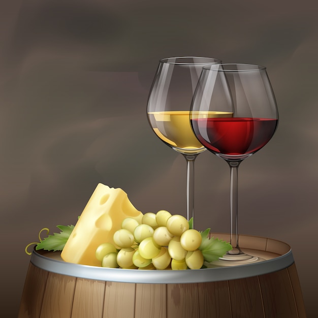 Ilustração vetorial duas taças de vinho com queijo e cacho de uva em barril de madeira