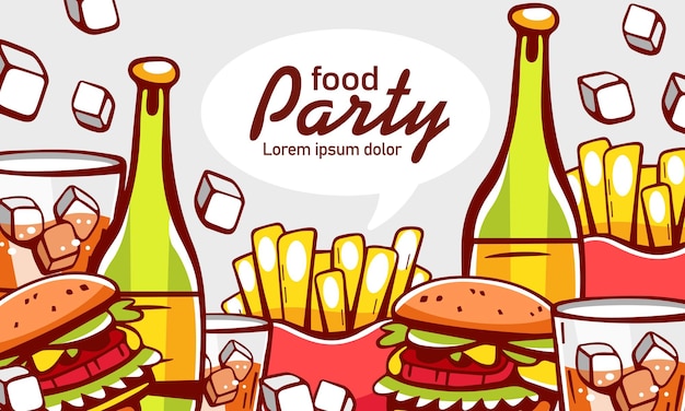 Vetor ilustração vetorial e letras comida para a festa coquetel de vinho batatas fritas cheeseburger