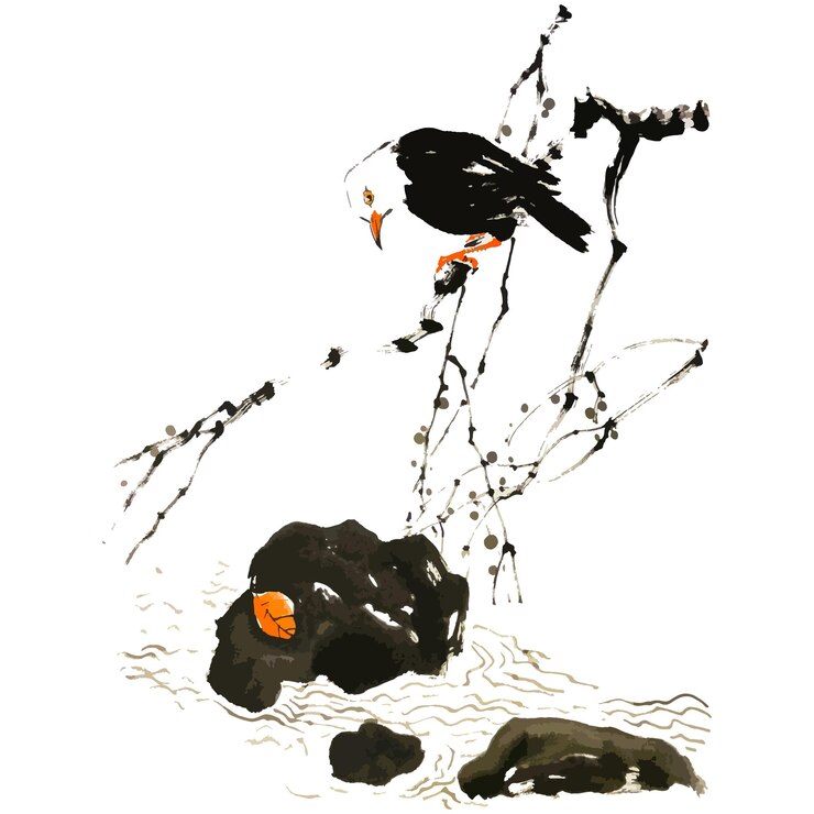 Vetor ilustração vetorial em aquarela de um pássaro pintura tradicional chinesa com tinta e lavagem