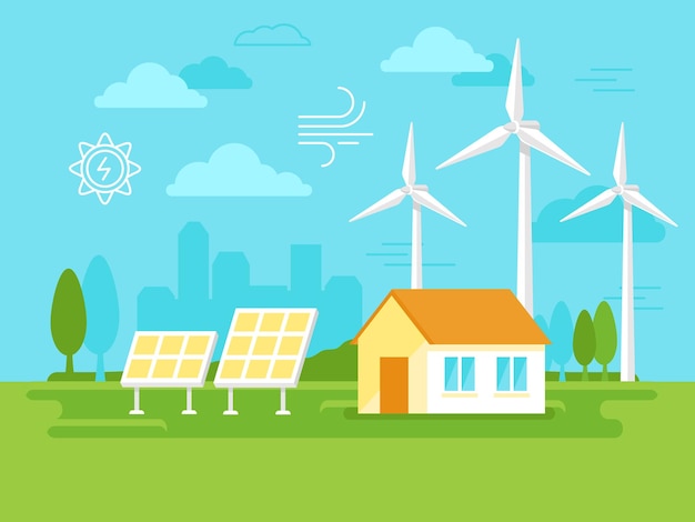 Ilustração vetorial em energia alternativa e renovável de estilo plano simples