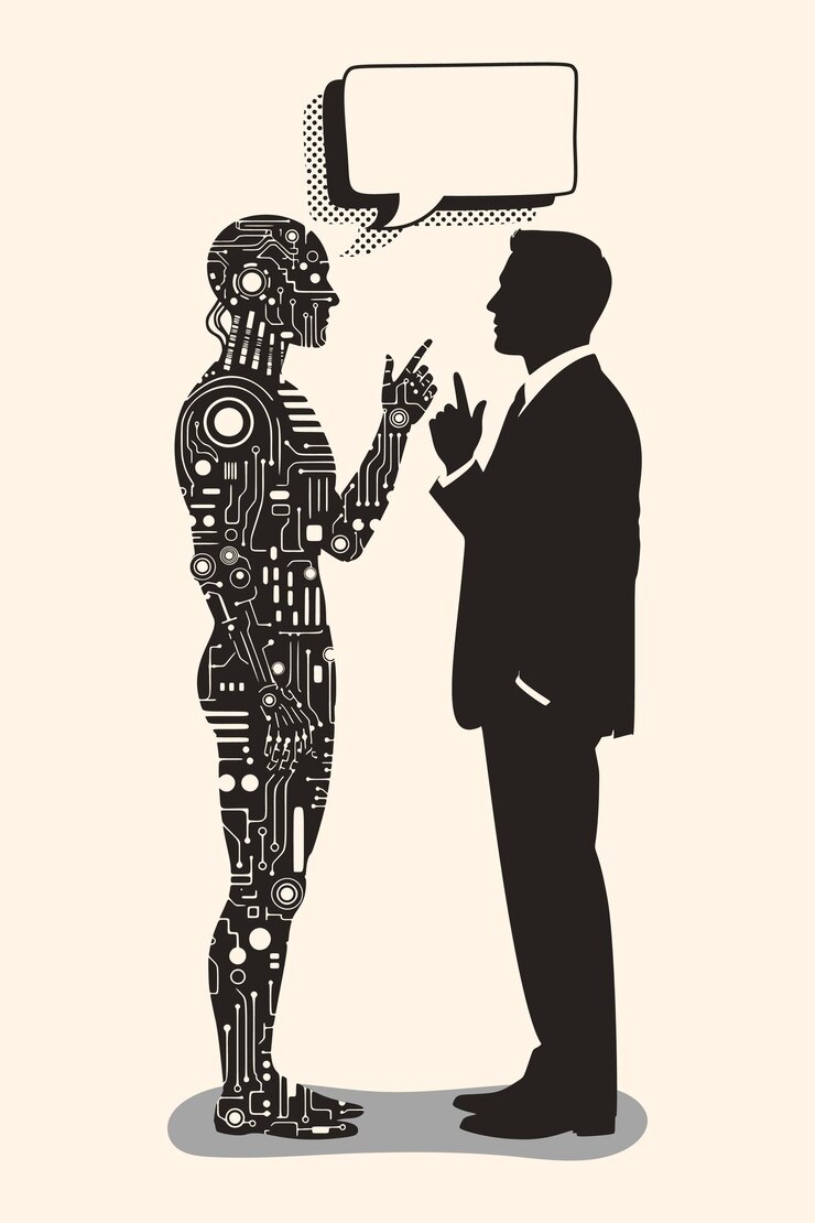 Vetor ilustração vetorial em preto e branco da interação humana com tecnologias de inteligência artificial