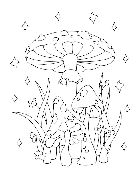 Ilustração vetorial em preto e branco de contornos para colorir cogumelos voam grama agárica e flores