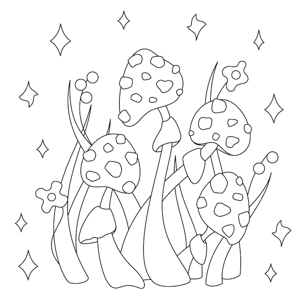 Ilustração vetorial em preto e branco de contornos para colorir cogumelos voam grama agárica e flores