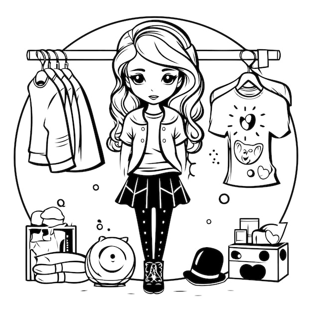 Vetor ilustração vetorial em preto e branco de uma menina bonita escolhendo roupas