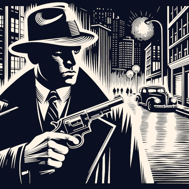 Vetor ilustração vetorial em preto e branco para romance ou filme de detetive noir