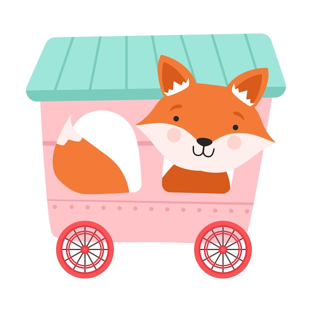Ilustração vetorial engraçada de raposa de bochechas vermelhas montada em carruagem
