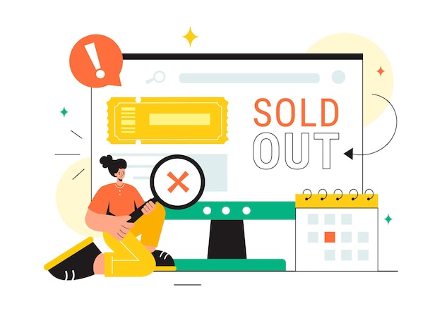 Ilustração vetorial esgotada com mensagem de compra ou oferta especial indicando que o produto é vendido em um fundo de desenho animado de estilo plano
