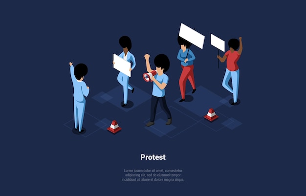 Ilustração vetorial. Estilo 3D Dos Desenhos Animados Com Personagens. Composição isométrica no conceito de protesto de pessoas. Grupo em movimento com cartazes, piquete de motim. Protestadores Masculinos E Femininos. Escrita E Infográficos.