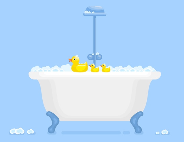 ilustração vetorial estilo de desenho animado plano de pato de borracha no banho de banheira com sabão de bolha