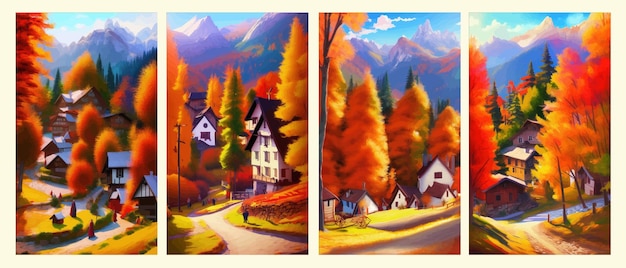 Ilustração vetorial, estilo de pintura, aldeia de paisagem de outono em folhagem de outono média contra montanhas