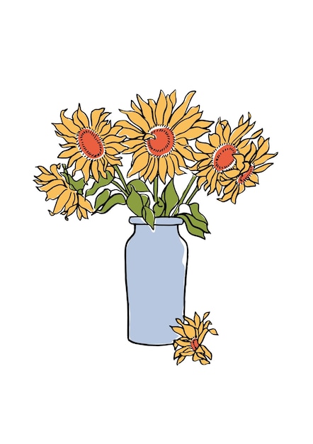 Ilustração vetorial flores de girassol coloridas em vaso arte para para impressões arte de parede pano de fundo