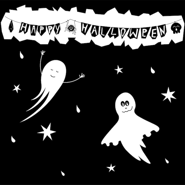 Vetor ilustração vetorial fofa para gotas de aranha de morcego de halloween ghosts e estrelas em um cartão