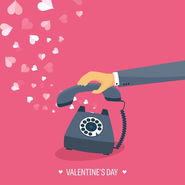Vetor ilustração vetorial fundo plano com telefone retro amor e corações dia dos namorados seja meu namorado 14 de fevereiro mensagem