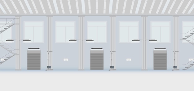 Vetor ilustração vetorial interior da fábrica com porta do obturador fechada
