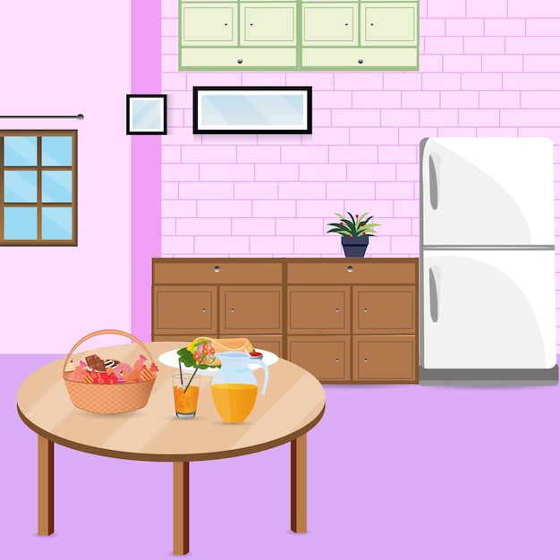 Ilustração vetorial interior da sala de jantar com móveis