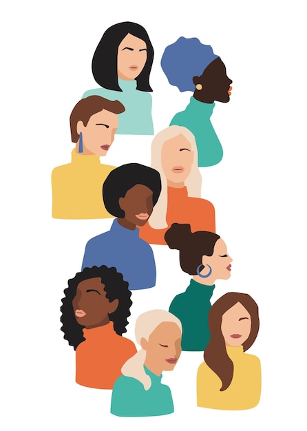 Ilustração vetorial isolada de mulheres abstratas com diferentes cores de pele Luta pela liberdade, independência, igualdade Conceito para o Dia Internacional da Mulher e outros